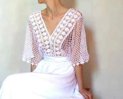 Beach wedding dress White v neck dress crochet Lace bridal gown handmade S size - Image 1 of 4