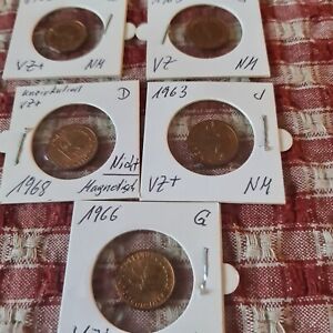 Münzen BRD 2 Pfennig 2x 1966G/2x1963J/ 1x 1968D UNMAGNETISCH ! ss-VZ