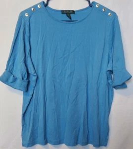 Lauren Ralph Lauren Women's Top Blue Short Cuffed Sleeves T-Shirt Round Neck - Picture 1 of 5