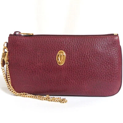 Auténtico Must de Cartier Cadena Bolsa Muñequera Pochette Mini Bolso de Mano Cuero Burdeos Foto 1 de 4