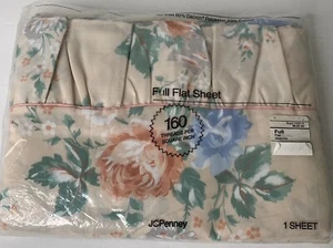 Vintage JC Penney Full Flat Sheet Jeanne Floral Ruffle Peach Blue Green Neu - Bild 1 von 9