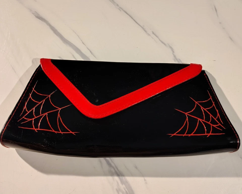 Sourpuss Spider Web Black Red Patent Vinyl Clutch Purse Gothic Halloween - Image 1 of 4