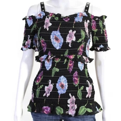 Nicole Miller Artelier Черный Цветочный Топ с Плечами Размер Small Новый с ценниками - Изображение 1 из 4