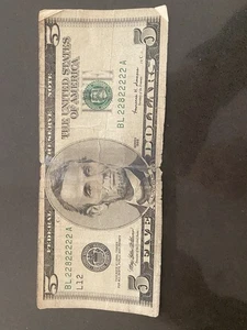 Binary $5.00 Bill USA 22822222 - Picture 1 of 2