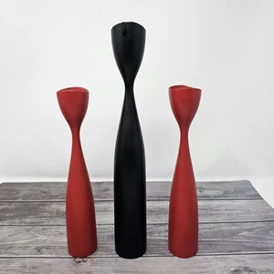 VTG Set of 3 Wood Danish Denmark MCM Candle Holders 9 In And 12 In Red Black - Picture 1 of 15