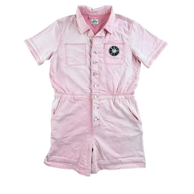 Jordache Vintage Romper Womens XL Pink Short Sleeve Snap Front Embroidered Patch - Image 1 of 4