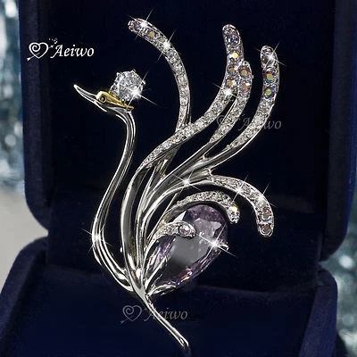 18K WHITE GOLD GP MADE WITH SWAROVSKI CRYSTAL DANCING SWAN PIN BROOCH  - Изображение 1 из 2
