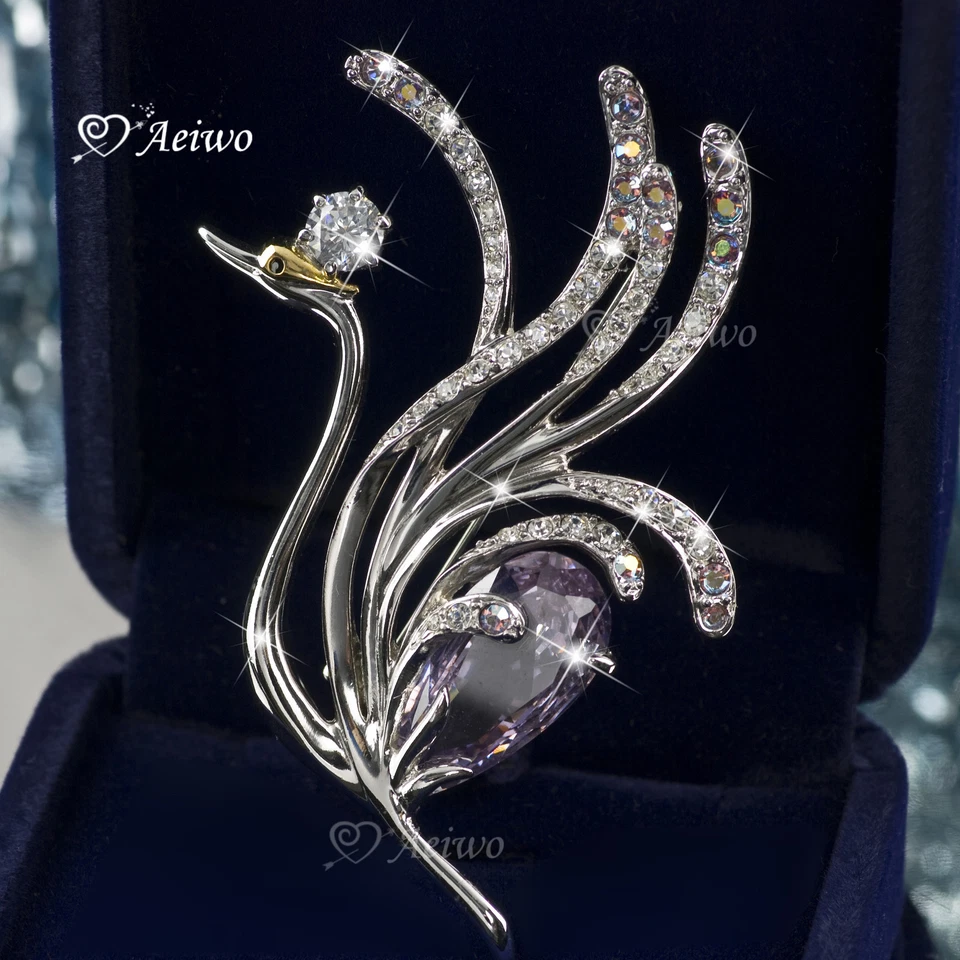 18K WHITE GOLD GP MADE WITH SWAROVSKI CRYSTAL DANCING SWAN PIN BROOCH  - Imagem 1 de 2