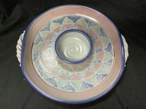 Piatto da portata fatto a mano Chip-N-Dip con manici, marrone/blu/rosa, 14" x 4,75" x 1,5" - Foto 1 di 10