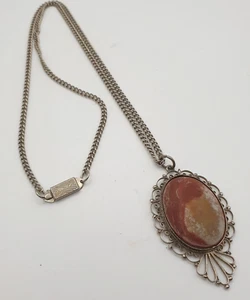 Vintage Natural Agate Pendant Necklace Brown Oval Gemstone Filigree Edge 24" - Picture 1 of 13