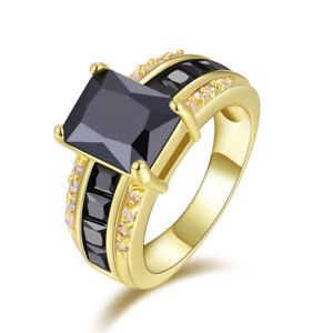 Jewelry Halo Men Womens Black Sapphire 18K Gold Filled Engagement Ring Size 8
