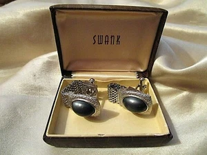 HANDSOME SWANK MESH WRAP DARK BLUE FLORESCENT GLASS CUFFLINKS + REPTILE SKIN BOX - Picture 1 of 7