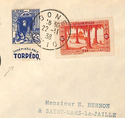 ALGERIA Cover 65c *TORPEDO* ADVERT (ex Booklet) Bone 1938 France Cols WX296 - Image 1 of 4