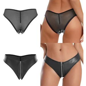 Women Sexy PU Leather Mesh Patchwork Briefs Low Rise Zipper Crotch Mini Panties - Picture 1 of 22