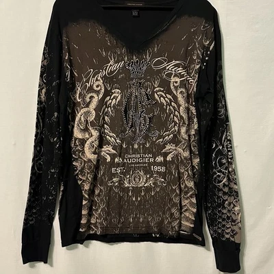 Christian Audigier Womens Sz L Black Brown V-neck Rhinestones Bling Snakes Y2K - Image 1 of 4