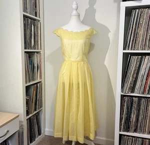VTG 1950’s Hand Made Sheer Pale Yellow Mesh Polka Dot Dayglo Midi Swing Dress 4 - Picture 1 of 11
