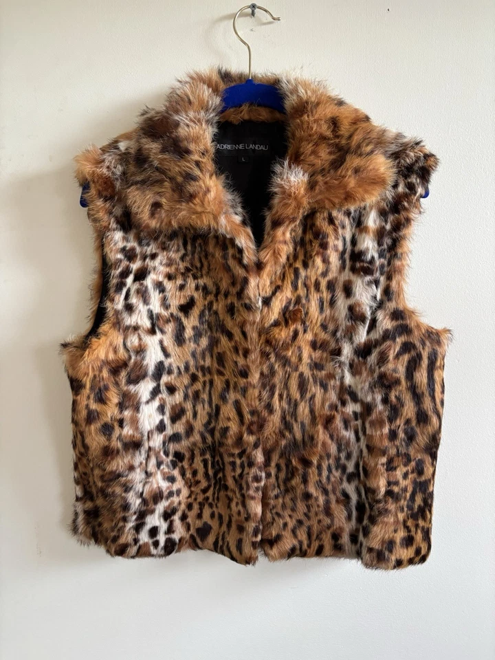 Women’s Adrienne Landau Size L Real Rabbit Fur Vest With Spotted Animal Print - Image 1 of 4
