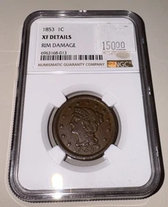 NGC Graded 1853 1C Large Cent - XF DETAILS - RIM DAMAGE - U. S. COIN - Picture 1 of 24