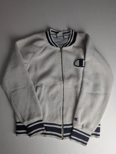 Champion Small Sherpa Fleece Varsity Jacket White Navy Trim Full Zip Men’s S - Picture 1 of 10