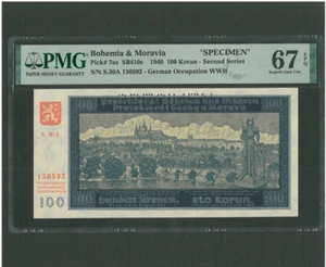 BOHEMIA-M0RAVIA SPECIMEN 100 KORUN 1940 P 7as - Picture 1 of 2