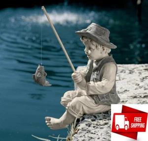 Pond Accent Boy Fishing Statue Garden Decor Lawn Sculpture Fisher Man Figurine - Picture 1 of 12