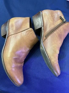 Crown Vintage Leather Tan Ankle Boots Brn Block Low Heel, 90s Distress Classic - Picture 1 of 9