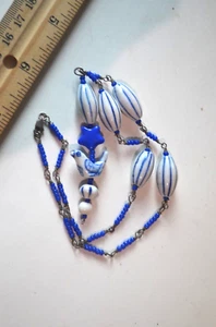 Vintage Art Deco Necklace Ceramic Bird Blue White Beaded Chain - Picture 1 of 8