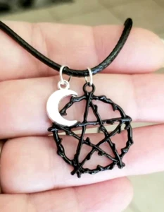 Pentagram Moon Necklace, Black Pentagram Pendant Wicca Wiccan Goth Gothic Witch - Picture 1 of 6