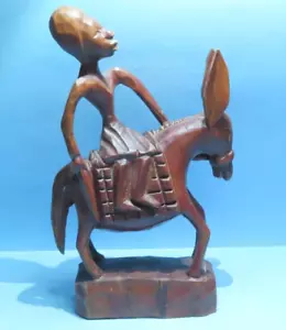 Vintage handgeschnitzte Holz Volkskunst Skulptur Frau auf Esel signiert vom Künstler - Bild 1 von 13