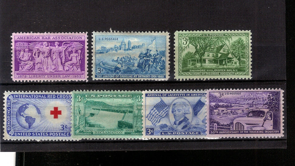 US STAMPS 3 CENT COMMEMORATIVES 7 STAMPS  MINT NH OG  L@@K - Image 1 of 1