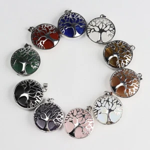 Natural Amethyst Crystal Jasper Round Silver Tree of Life Pendant for Necklace - Bild 1 von 21
