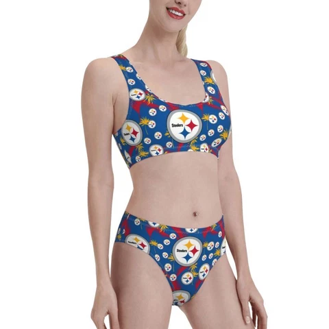 2pcs Pittsburgh Steelers Women's Elastic Swimsuit Shorts+vest with Chest Pad Cover