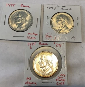 Rare 1935 P D S Daniel Boone US Silver Commemorative Half Dollars/ Low Mintage - Picture 1 of 5
