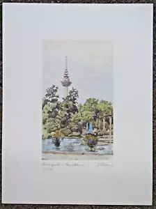 Mannheim Luisenpark Fernsehturm Radierung August Klüber coloriert signiert lim - Bild 1 von 4