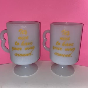 pair of Vintage Milk Glass Pedestal Mug It's Nice To Have Your Mug Around USA - Picture 1 of 3