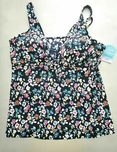 Swim Solutions VINTAGE DITSY NAVY Daisy Printed V-Neck Bow Tankini Top:18 - Picture 1 of 4