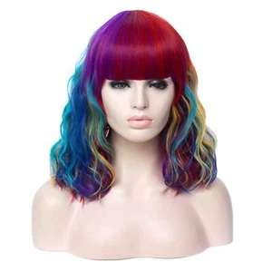 Lady Fashion 16" Curly Hair Wigs Bangs Medium Hair Wig with Breathable Wig Cap - Picture 1 of 7