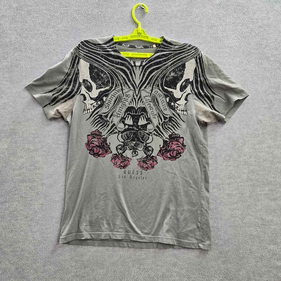 Camiseta Guess Mujer Top Gris Mediana Grunge Calavera Rosas Gráfico Y2K Foto 1 de 4
