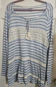 NUEVAS DIRECCIONES Top de manga larga con ribete de ganchillo a rayas azul blanco para dama 2X XXL - Imagen 1 de 5