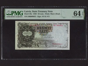 Lettonia: P-29e, 10 Latu, 1940 * Pescatori * PMG Ch. UNC 64 EPQ * - Foto 1 di 2