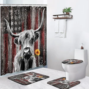4 Piece Shower Curtain Set, Farm Highland Cow American Flag Waterproof Bathroom - Picture 1 of 12