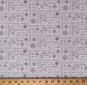 Winter Games Olympics Sports Words White Cotton Fabric Print by the Yard D508.38 - Picture 1 of 1