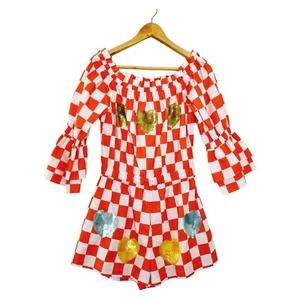 Bonita Collective Size L Red + White Checkerboard Playsuit w/Sequin Hearts - Picture 1 of 9