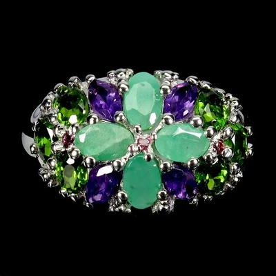 925 Sterling Silver Ring Round Emerald Amethyst 5x3mm Rhodolite Gemstone Size 8 - Image 1 of 4