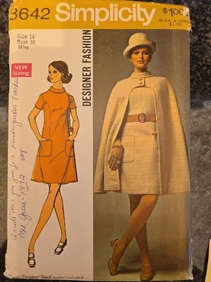 Simplicity Pattern 8642 Designer Fashion Dress & Cape 1960s Uncut Size 14 B36 - Image 1 of 2