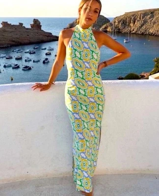 NWT Zara Size XS Halter Dress Printed Maxi Scarf Stretch Boho Modern Chic - Image 1 of 4