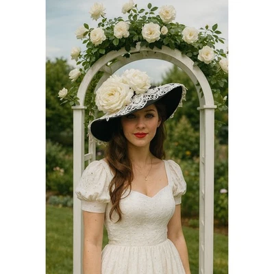 Vintage Derby Hat, Lace Trim, Rhinestone Accent, ostrich feather Church, Wedding - Image 1 of 4