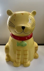 Vintage Cat Cookie/treat Jar10”x7” Red Collar With Fish Made In Taiwan - Picture 1 of 9