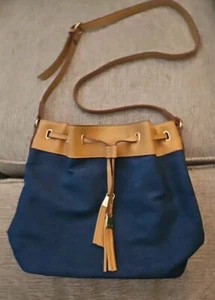 Liz Claiborne Purse Blue Jean Material With Tan Trim - Picture 1 of 6