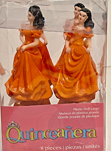 Lot de 8 figurines Quinceanera garnitures de gâteau fille femme robe orange inutilisée NEUF
